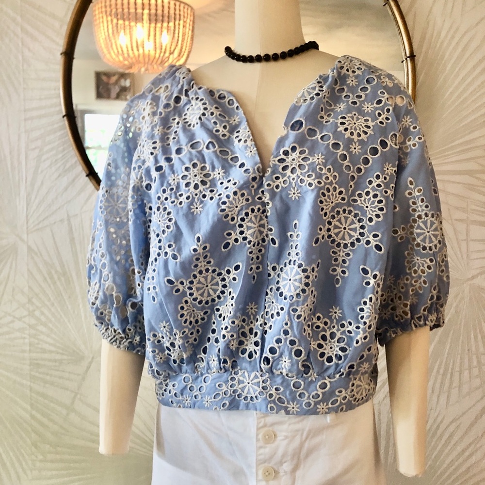 NVLT Light Blue Eyelet Puff-Sleeve Crop Top Size XL